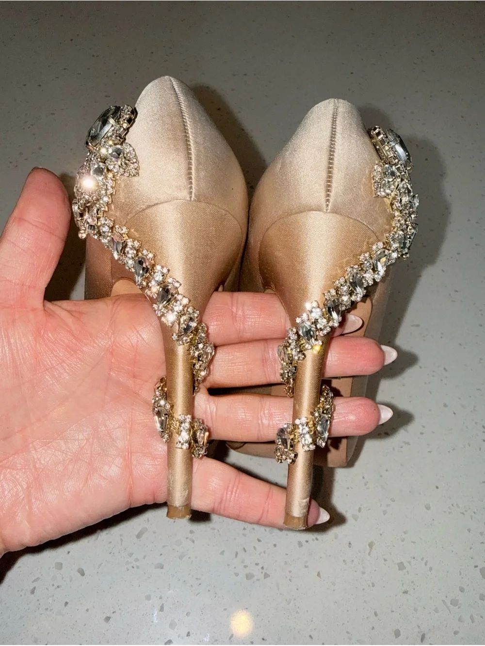 Badgley Mischka Rose Gold Satin Peep-Toe Heels with Crystal Brooches